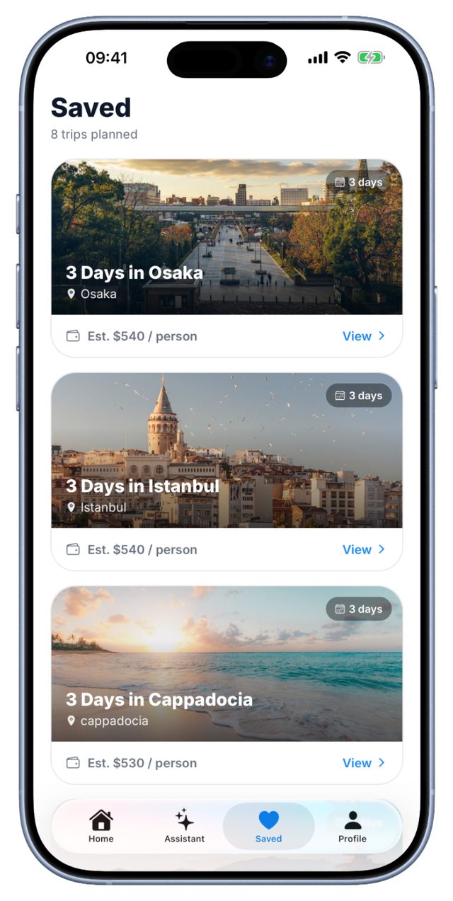 The Saved screen in Tripar listing planned trips to Osaka, Istanbul, and Cappadocia