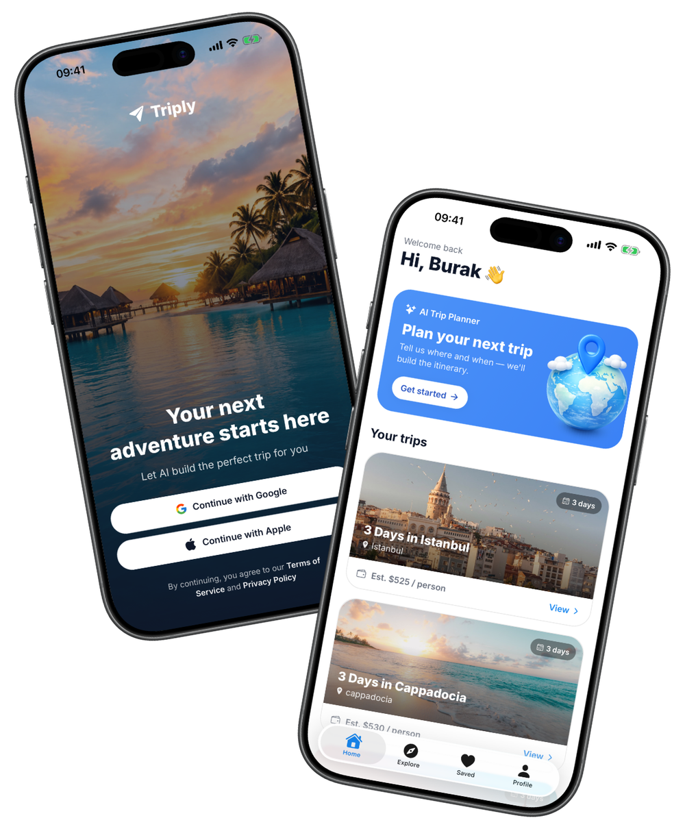Tripar app: the sign-in screen and home screen with planned trips